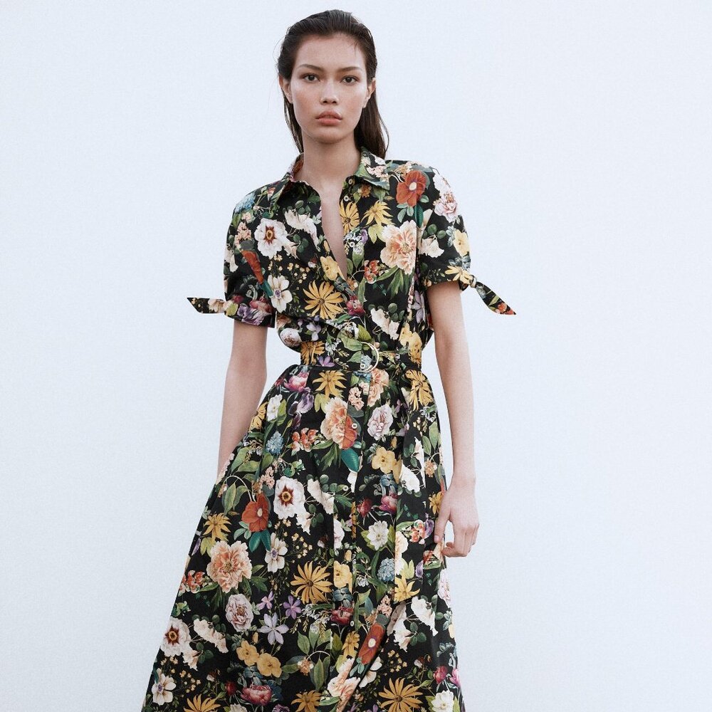 ZARA FLORAL PRINT POPLIN MIDI DRESS